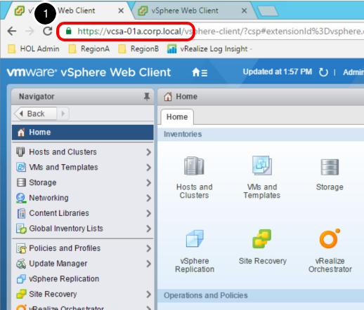 Launch the vsphere Web Client The initial startup of the lab will automatically launch separate Chrome browser windows for both vcsa-01a.corp.local 