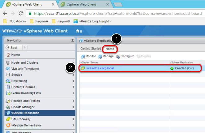 Verify Replication Connectivity Status 1. Select the Home tab at the top of the main vsphere Replication window pane. 2.