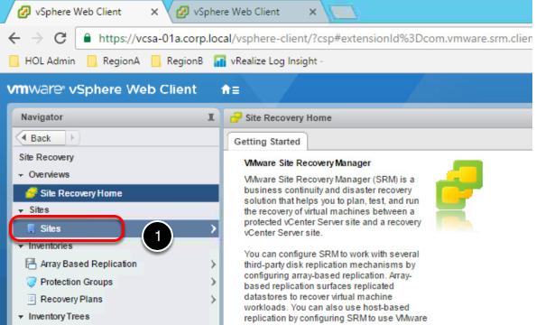View Site Information Within Site Recovery we have two sites, RegionA01 and RegionB01. RegionA01 is the primary site and is associated with the vcenter Server vcsa-01a.corp.local.