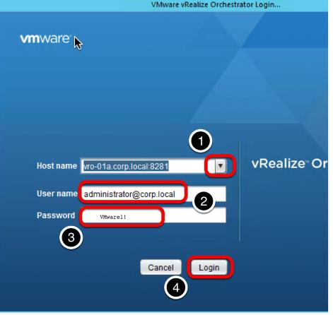 Log in to the vsphere Orchestrator Client Once the vrealize Orchestrator client renders the Host name and user name will already be displayed. 1.