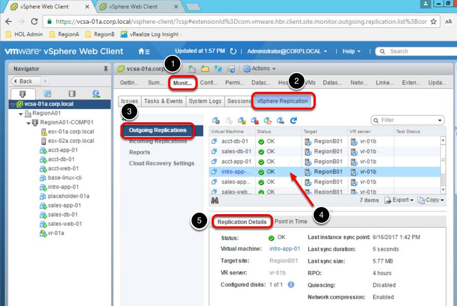 Locate the specified replicated virtual machine 1. Select the Monitor tab. 2. Select the vsphere Replication button 3.
