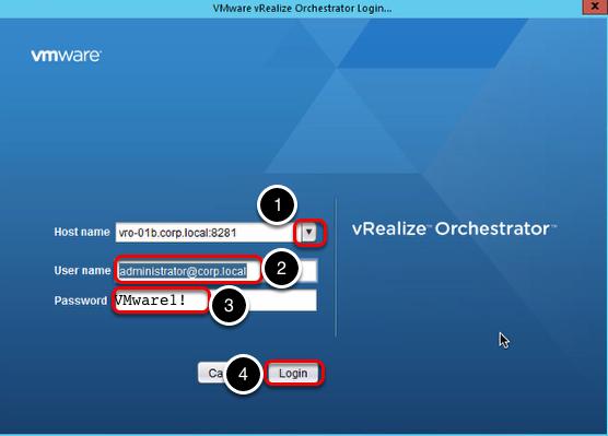 Log in to the vsphere Orchestrator Client Once the vrealize Orchestrator client renders the Host name and user name will already be displayed. 1.