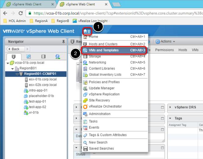 Navigate to the VMs and Templates view 1. Select the Home icon from the current view of vcsa-01b.