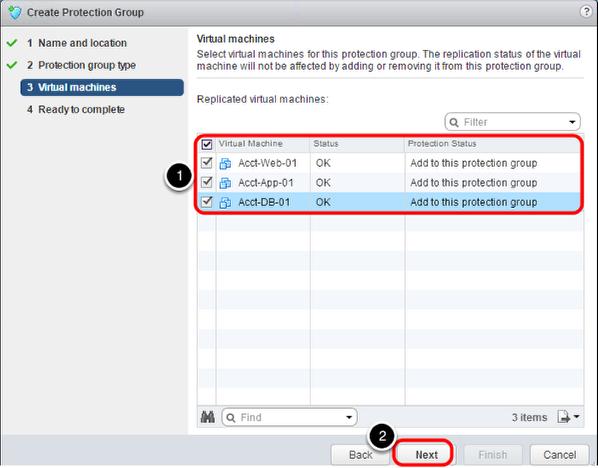 1. Select Direction of protection RegionA01 -> RegionB01. 2. Select group type Individual VMs (vsphere Replication). 3.