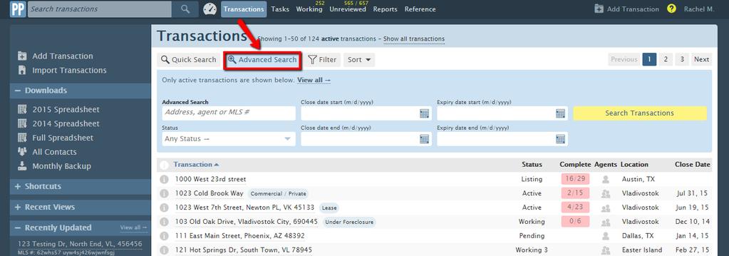 Advanced Search Click Advanced Search to search by transaction status, close date, or expiration date.