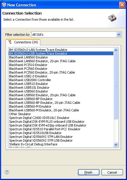 3. Click on the Import button. This will list the types of emulator connections available. See Figure 29. Figure 29 - Create Board display in CCSetup v4.2 4.