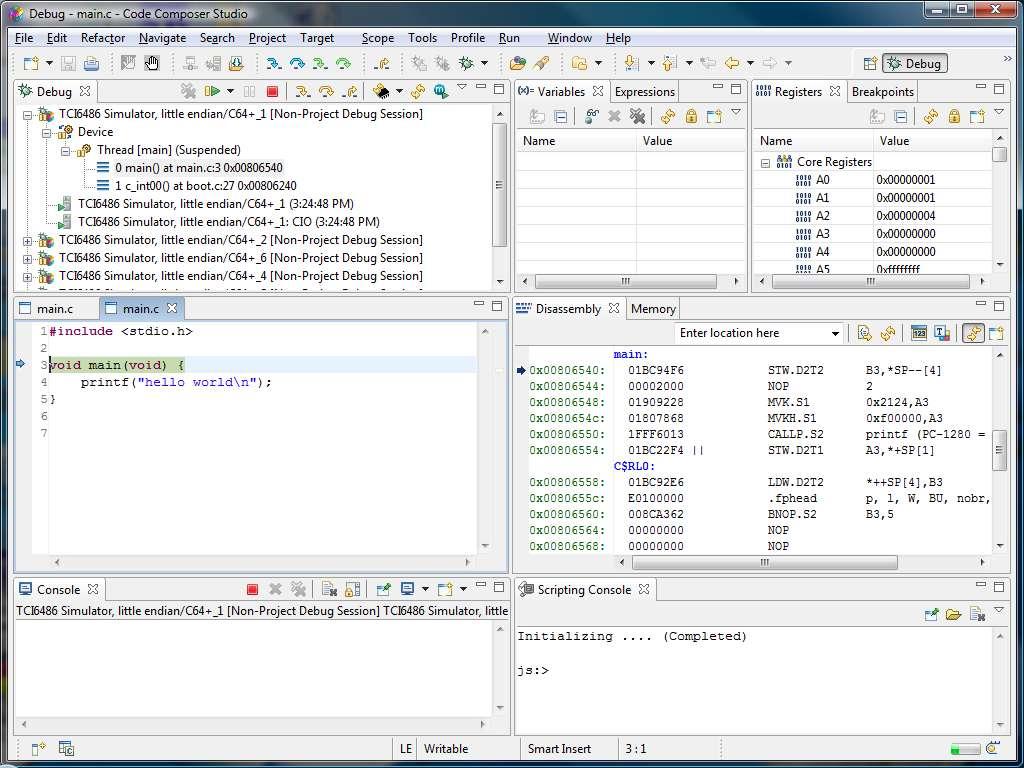 CCSv4 Multi-core Environment Use the Debug view to select the