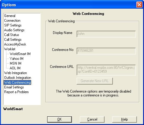 If a web conference is already in progress, you cannot make any changes to the Web Conferencing window.