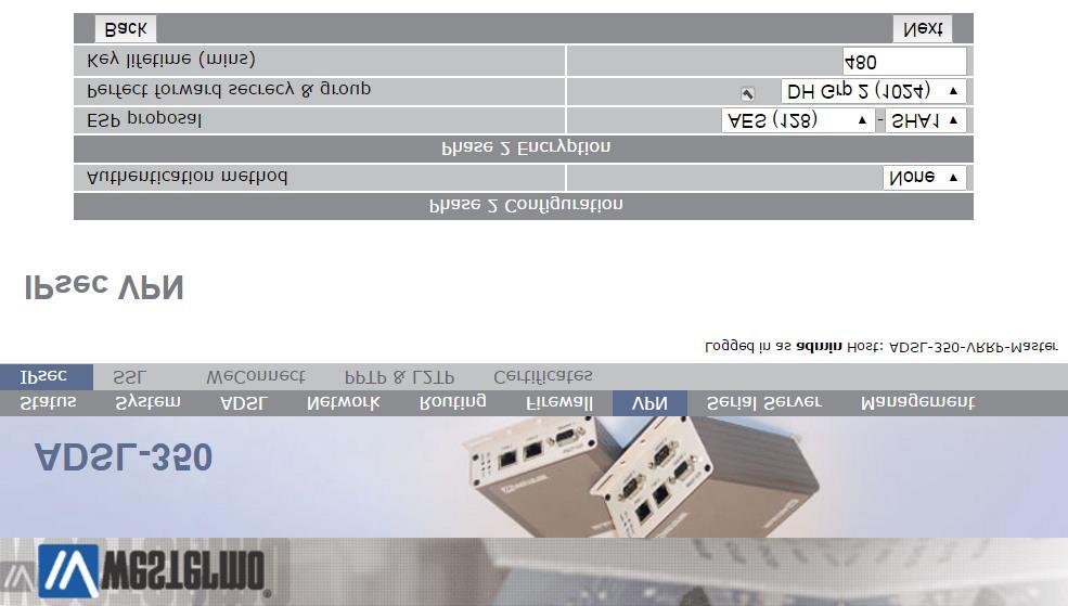 ADSL-350 Broadband Router Configuration IPSec VPN Tunnel Configuration (Responder) Phase 2 (IPSec) Authentication