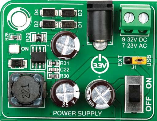 Power supply unit can be powered in three different ways: with USB power supply (CN5), using external adapters via adapter connector (CN36) or additional screw terminals (CN35).