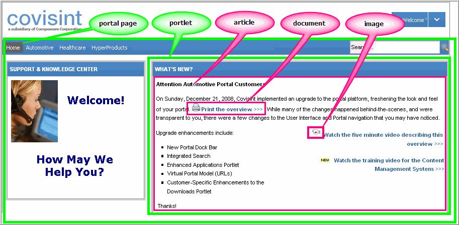 Overview Anatomy of a Portal Page The following is the anatomy of a portal page. A portal page is made up of one or many portlets. Within the portlet is content, called web content.