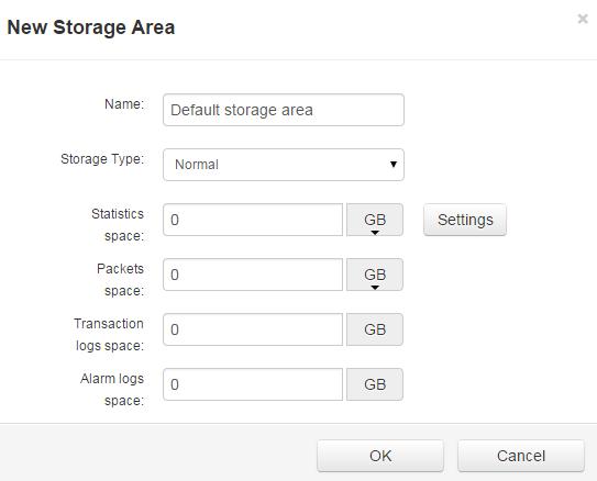Click the "New Storage Area" link, the New Storage Area dialog box pops up as shown below: You can click the button Settings to configure the percentage for each type of statistical data.