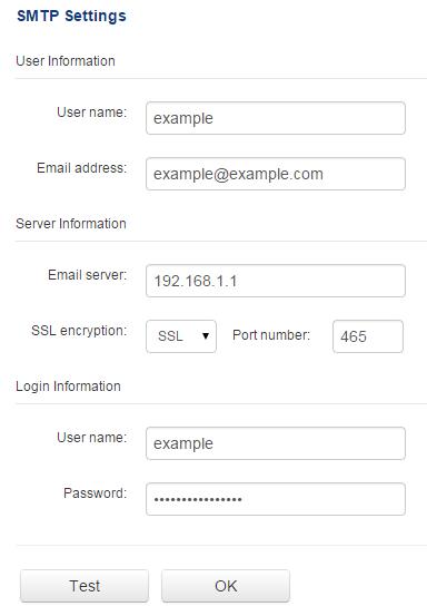 SMTP Settings This page is for setting the connection parameters to an SMTP email server: User name: The name of the sender. Email address: The email address of the sender.