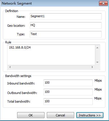 2. On the New Segment dialog box, enter an appropriate name for the new segment, specify the geographical location, and then enter the segment rules and segment bandwidth.