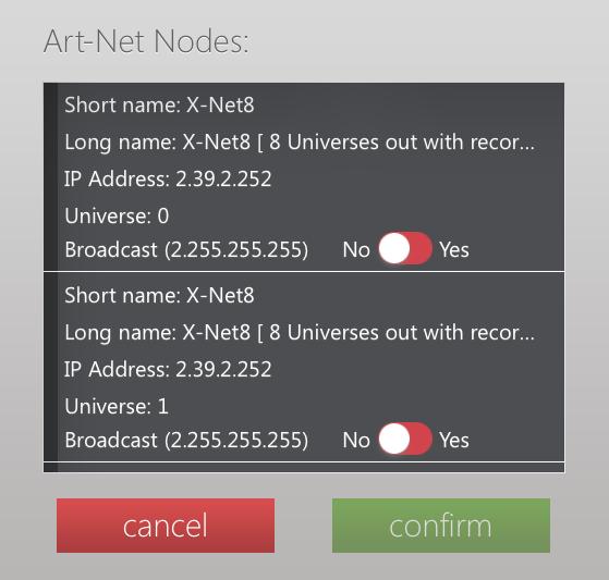 The discover button triggers an ArtPoll request and awaits an answer from all Art-Net nodes available.