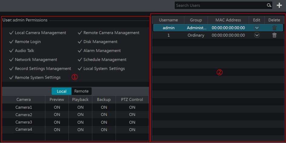 Account & Permission Management Account Management Click Start"Settings"Account and Authority"Account"Edit User to go to the screen as shown below. 55 Area 1 displays the user permissions.