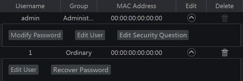 Click to delete the user (the user admin cannot be deleted). in the # Edit Security Question You can set password security only for the admin account.