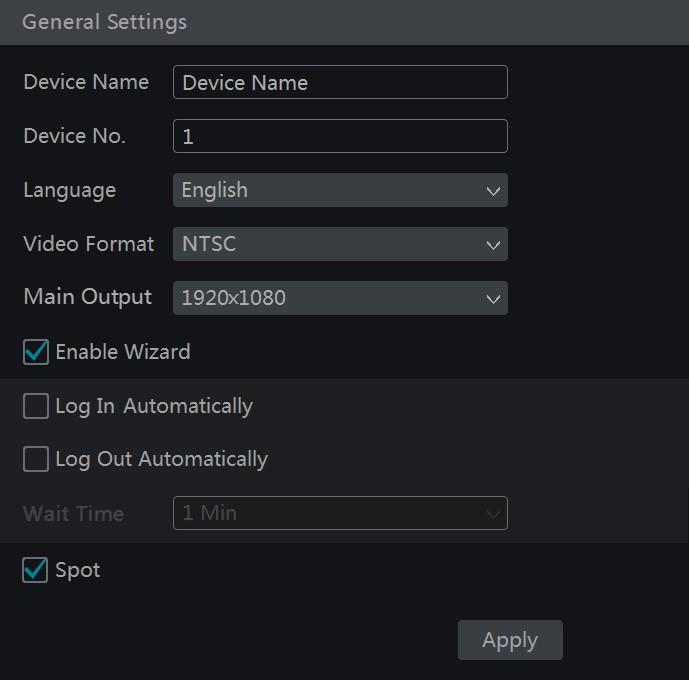 64 Basic Configuration Common Configuration Click Start"Settings"System"Basic"General Settings to go to the following screen. Set the device name, device No.