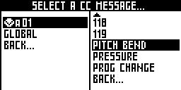 Select and press EFFECT PARAM with : At the end of the CC list, you can find the PITCH BEND, the PRESSURE (aftertouch) and the PROGRAM CHANGE MIDI