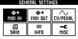 9 Settings Settings menu Press 2ND + FX to enter General Settings. To exit the settings menu, press FX. TIP You can restore all default settings at startup: hold FX while powering ON Pyramid.