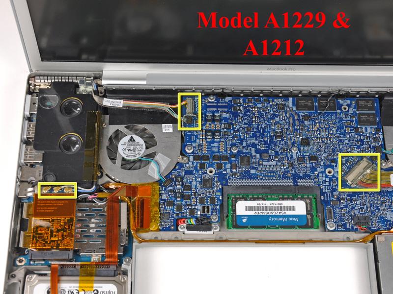 For A1229 and A1212 models, disconnect the three antenna cables from the AirPort Extreme card and the three connectors highlighted on the logic board.
