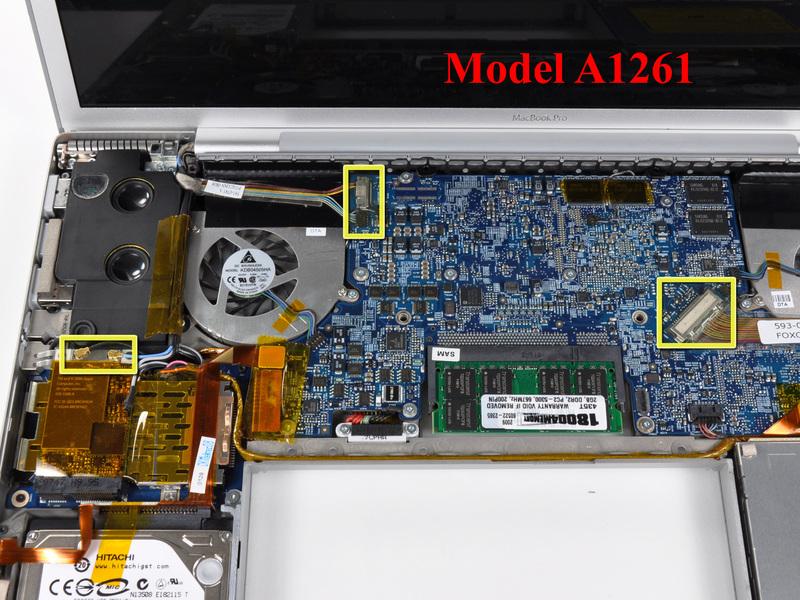 case. For the A1261 model, disconnect the two antenna cables from the AirPort Extreme card and the three connectors highlighted on the logic board.