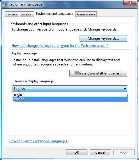 2. In the Keyboards and Languages tab, choose your display language from the