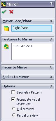 24 J. Mirror Side Window. Step 1. Select Right Plane and Cut-Extrude3 (side window) in Feature Manager, Fig. 25.