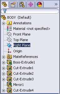 Click Right Plane in the Feature Manager to select Plane, Fig. 36. Step 5. Click Reference Geometry Reference from the menu. Face Fig. 35 on the Features toolbar and Mate Fig. 34 Step 6.