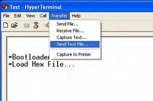 6. Send the hex file of the user application software to the MCU using Hyperterminal. On the menu bar, click Transfer Send Text File.