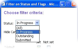 Click on the Filter icon 1 in the Status column header Click here 2 3 In the Filter on Status and Flags window, select the Status you wish to filter on from