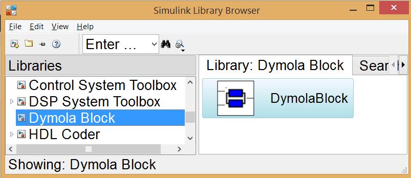 Figure 34- DymolaBlock in Simulink Library Browser The DymolaBlock block is a shield around an S-function MEX block, i.e. the interface to the C-code generated by Dymola for the Modelica model.