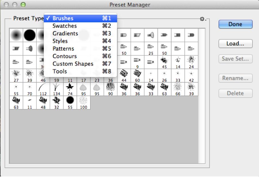 WORKFLOW: PRESET MANAGER The Preset Manager allows you to manage all preset types in one place. Choose Edit > Presets > Preset Manager. Load adds the new set to the current set.