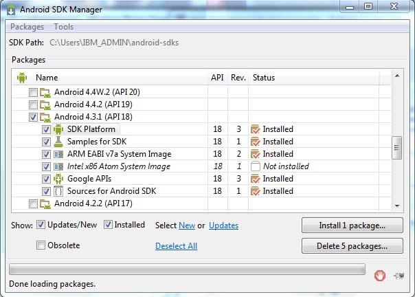 Student Exercises d. Install the packages and any updates that the Android SDK Manager selects. The packages are installed. e. Close the Android SDK Manager. 4.