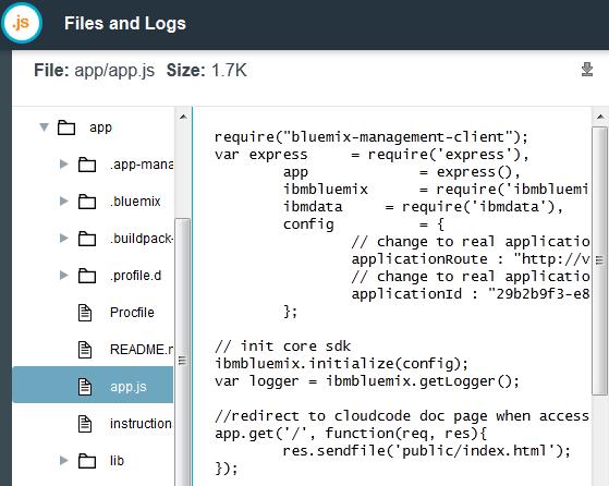 V10.1 Student Exercises EXempty b. The app.js on Bluemix specifies what the default Mobile Data application displays in the web browser.