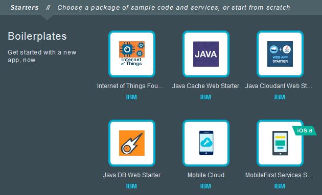 Student Exercises 2. Examine the boilerplate, runtime, and services in the catalog. Examine the list of boilerplate catalog items. b. Boilerplates are packages of sample applications with the Bluemix services.