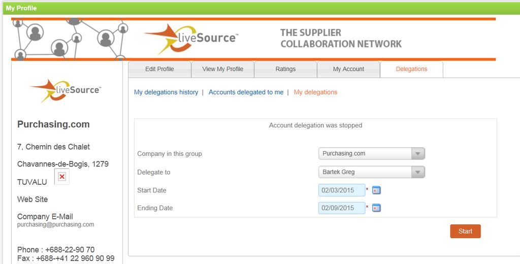 You will then to be taken to the history of any delegations that have already occurred in your account. To delegate your account to another user, click on the third option called My Delegations.