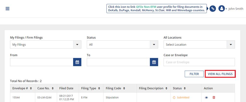 Screen showing your filings will displayed. 2.