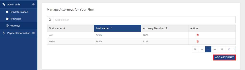 2. It will open a form for adding an attorney. Enter first name, last name and attorney number before clicking save button to add an attorney to a firm.
