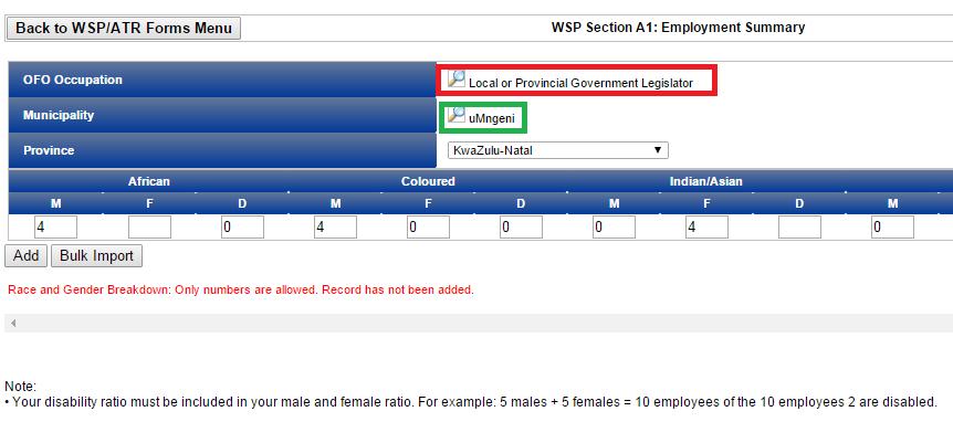 Section A1: Employment Summary The section records current Employment statistics 1 Click on magnifying glass to select