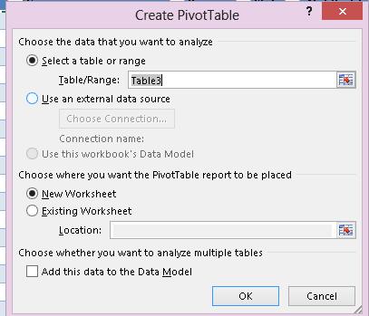 To convert your table to a Pivot Table, click on cell A3 and select the Insert ribbon, then click the Pivot Table button.