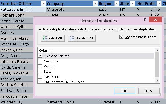 b. Remove Duplicate Remove duplicates by column. Highlight column A, and click Remove Duplicate. Notice you will get a list all columns.