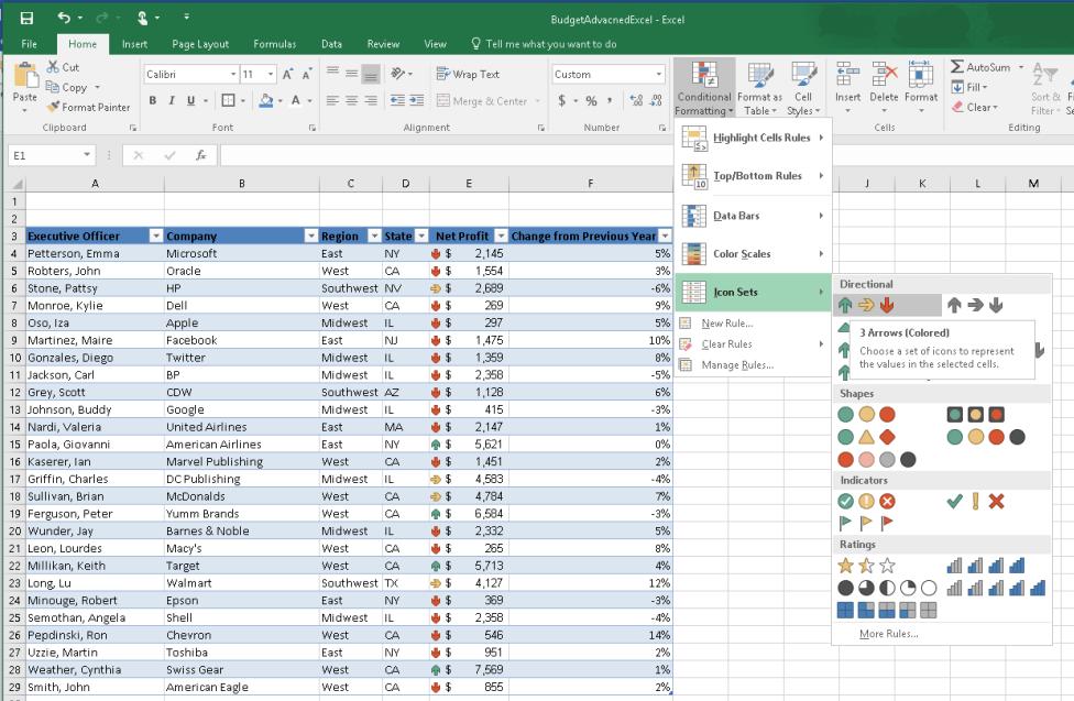 Now let s try another conditional format. 1. Highlight column E 2. Go to Conditional Formatting 3. Go to Icon Sets -> 3 Arrows.
