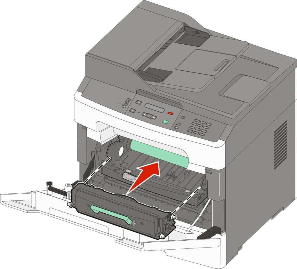 5 Install the new toner cartridge by aligning the rollers on the toner cartridge with the arrows on the tracks of the photoconductor kit. Push the toner cartridge in as far as it will go.