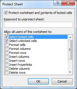 4. Go to the Review tab in the Changes group click on Protect Sheet (or Protect Workbook). 5. Ensure that the Select locked cells and Select unlocked cells are selected as shown. 6.