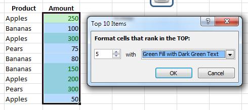 .. Bottom 10 Items Bottom 10%... Above Average Below Average Applies formatting to cells with values that rank in the top according the specified value.