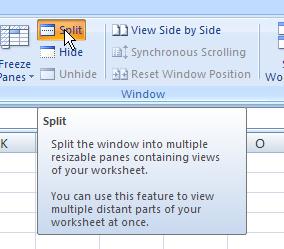 Section 2: Customisation and Printing SPLITTING SCREENS The split screen option allows the user to split the spreadsheet into multiple resizable panes all showing the same worksheet.