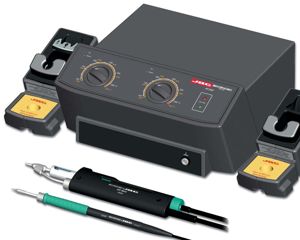 SOLDERING AND DESOLDERING STATION AR 5800 230V Ref.: 5800200 Apart from soldering, this repair station is used for desoldering throughhole components by solder intake.