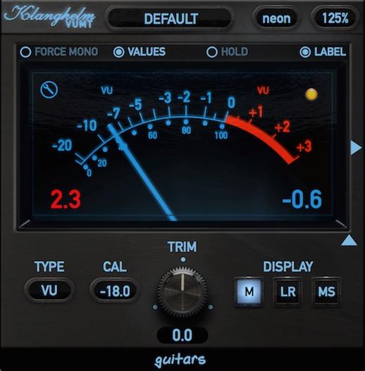 Main GUI - Single Meter Display drag or click to set the calibration level of the currently selected metering type. When the meter is set to RMS, the calibration control has no function.