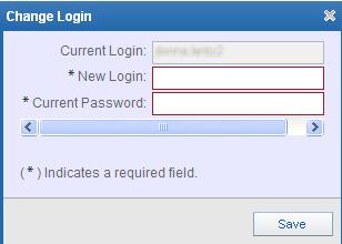 To change the login, click the Change Login button. The current UserID will display, key in the New Login and the current password. Click Save.